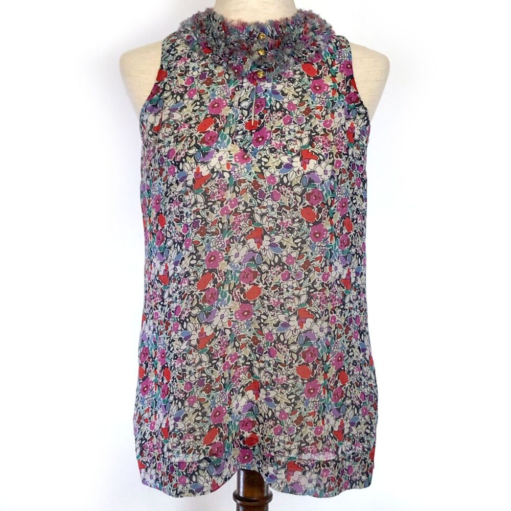 CAbi XS Sheer Floral Top Women's Sleeveless Ruffle Neck